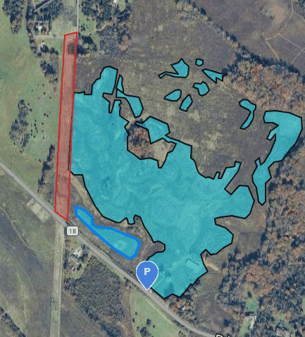An aerial field map with the sprayable area outlined and shaded, several interior parcels excluded from it, a long narrow strip along the western edge marked off separately, and another zone outlined near the road.